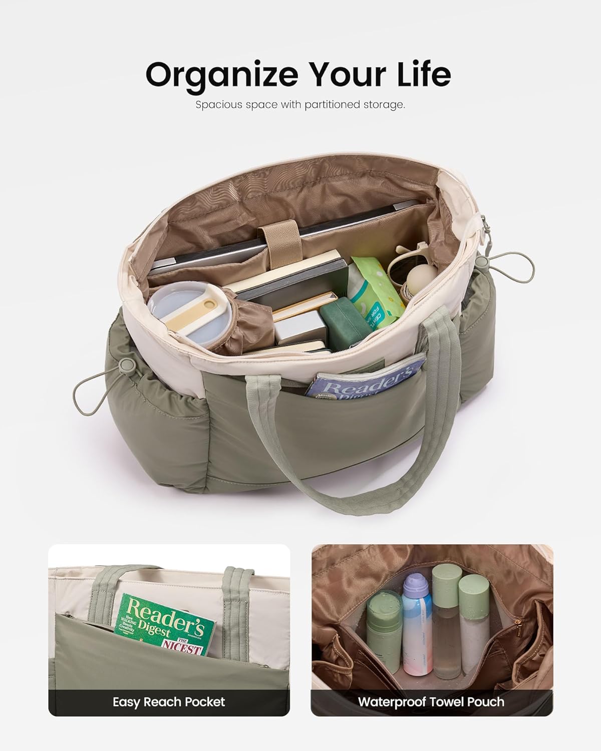 Gym Tote Bag for Women, Puffy Yoga Mat Bag with Large Cup Holder & Wet Pocket, Work Nurse Bag for Travel Workout