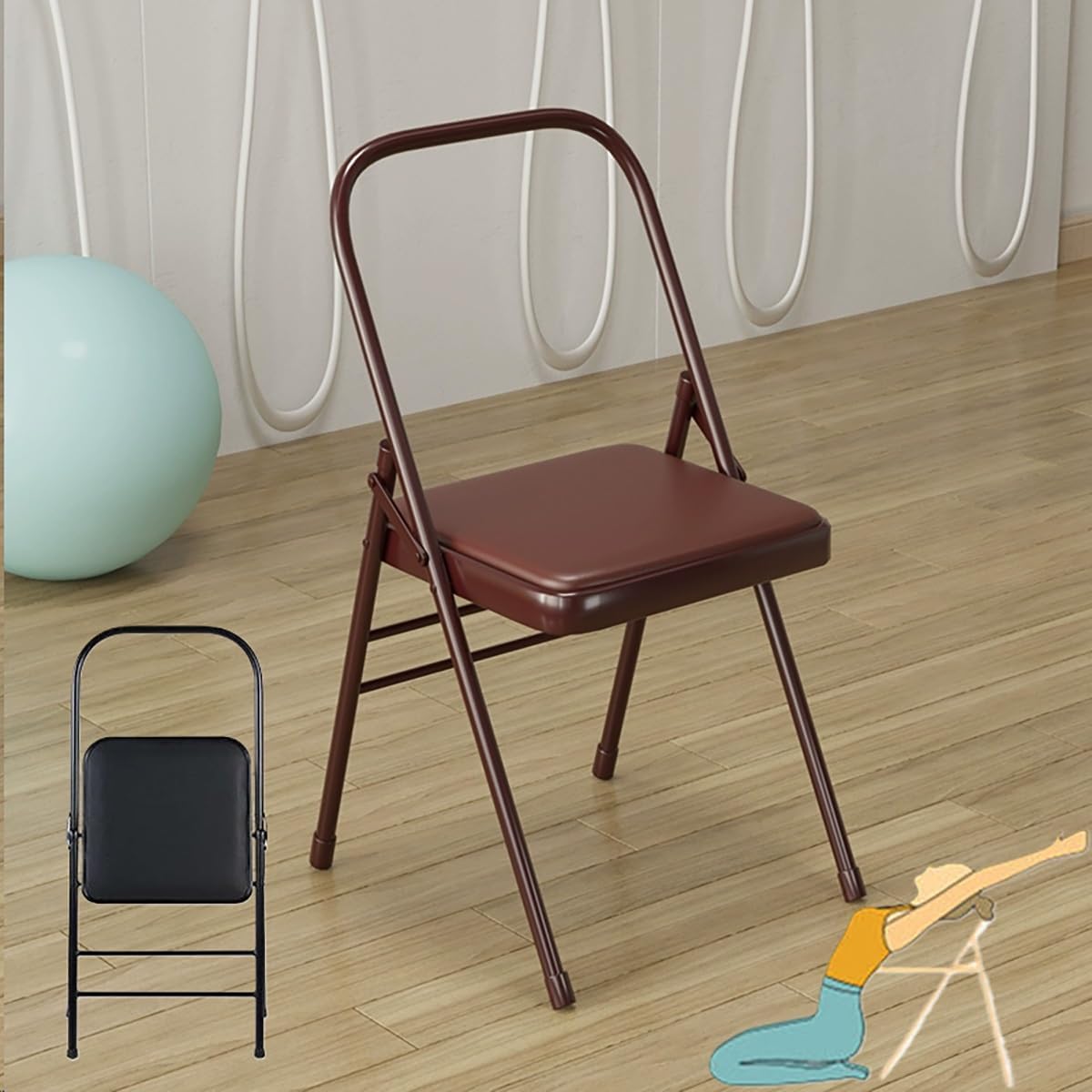 Backless Yoga Chair for Adults Foldable Yoga Auxiliary Chair W/Non-Slip Feet, Metal Folding Handstand Training Tool Chair for Yoga Beginner, Capacity Within 100kg/220lbs(Camel)