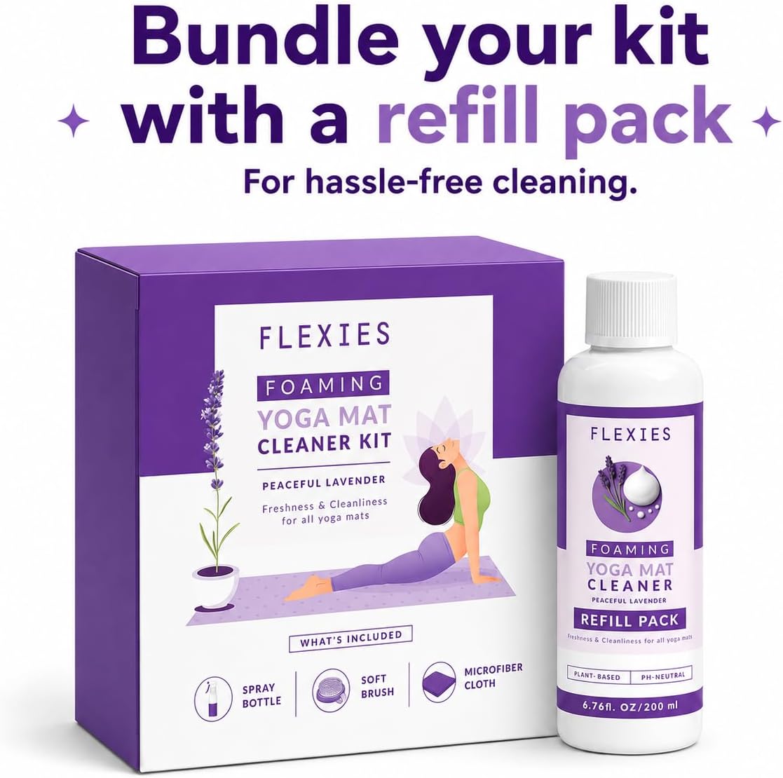 Foaming Yoga Mat Cleaner Spray Kit, Plant Based Non Toxic Mat Cleaner with Brush and Microfiber Cloth, Yoga Essentials for Women and Men, Pilates Mat Care, Lavender