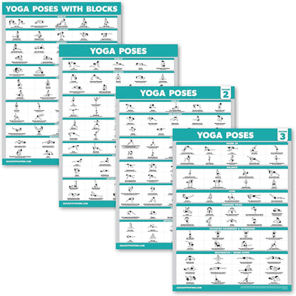 4 Pack - Yoga Poses Poster Volume 1, 2 & 3 + Yoga Positions with Yoga Blocks - Beginner Yoga Position Exercise Charts - English and Sanskrit Names