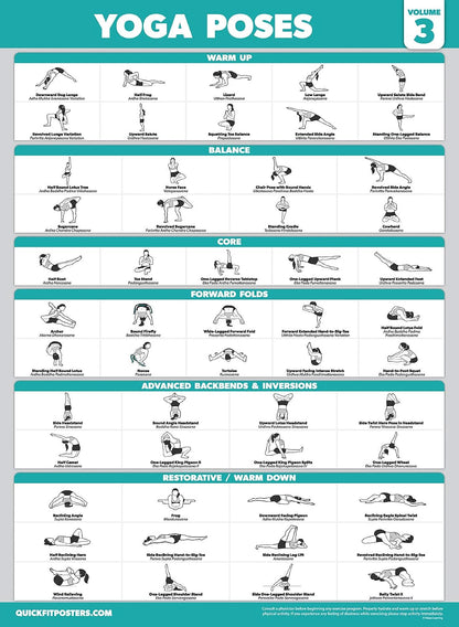 4 Pack - Yoga Poses Poster Volume 1, 2 & 3 + Yoga Positions with Yoga Blocks - Beginner Yoga Position Exercise Charts - English and Sanskrit Names