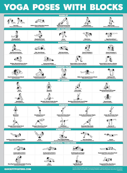 4 Pack - Yoga Poses Poster Volume 1, 2 & 3 + Yoga Positions with Yoga Blocks - Beginner Yoga Position Exercise Charts - English and Sanskrit Names