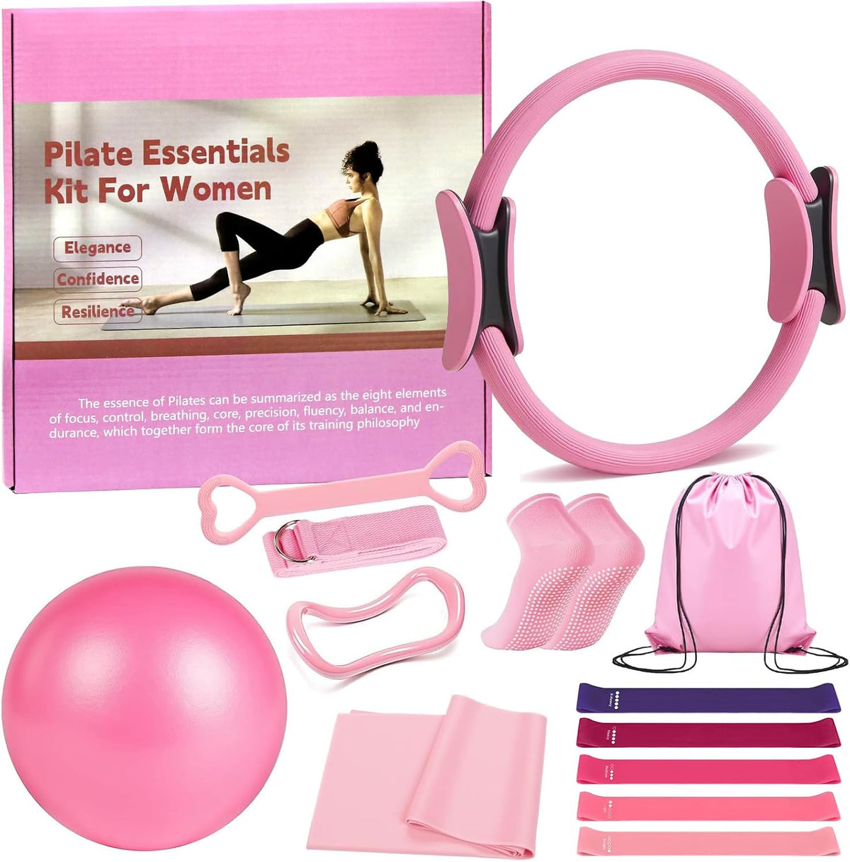 Pilates Ring 13 Piece Set,Pilates Kit for Women Exercise Equipment Accessories Deformation Magic Circle with Padded Handles, Workouts Ball, Guide & Bag, Resistance Bands for Legs Arms and Thighs