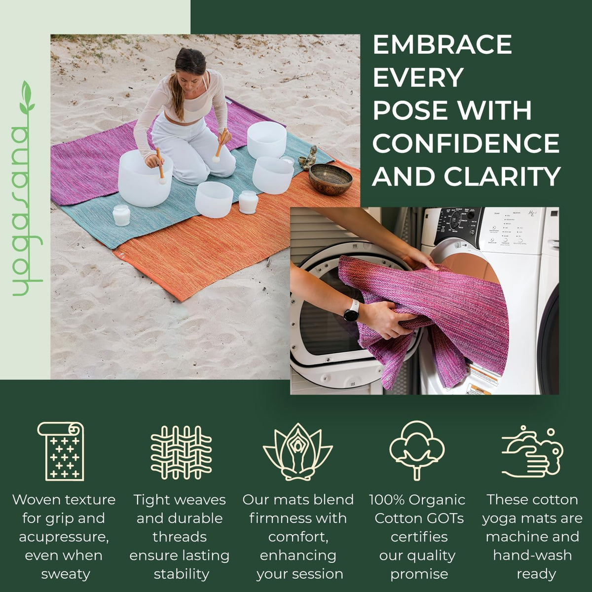 Organic Cotton Yoga Mat - Non Slip Hand-Woven Foldable Yoga Rug Provides Excellent Comfort, Traction & Support - Travel Extra Thick Yoga Mats for Indoor & Outdoor Use - 24 x 72 Inches