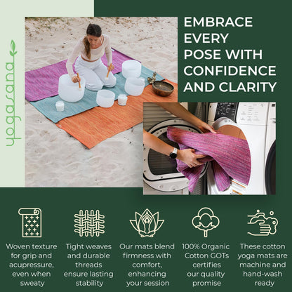 Organic Cotton Yoga Mat - Non Slip Hand-Woven Foldable Yoga Rug Provides Excellent Comfort, Traction & Support - Travel Extra Thick Yoga Mats for Indoor & Outdoor Use - 24 x 72 Inches