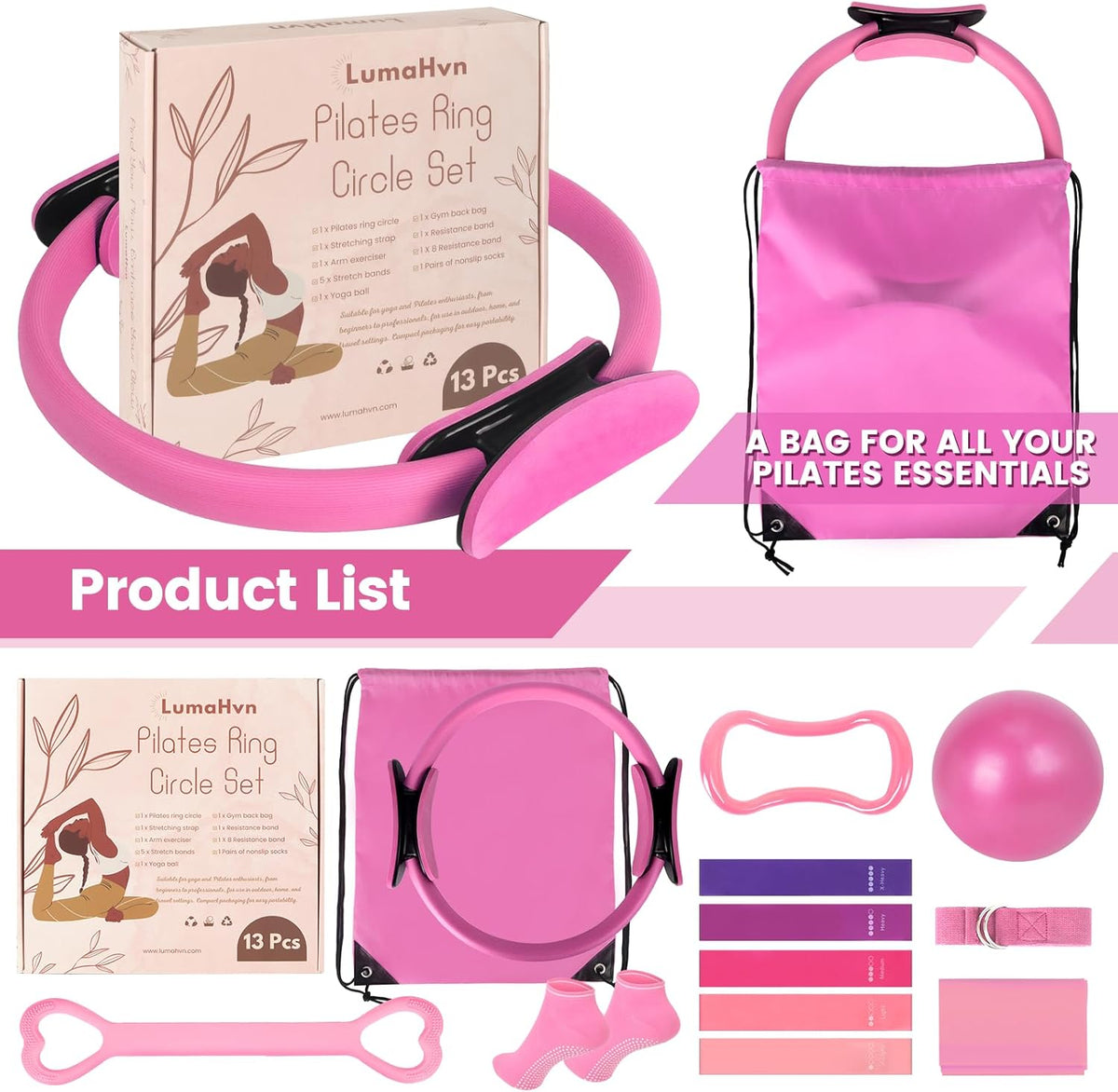 Pilates Kit for Women 13PCS, Pilates Ring Ball Resistance Bands Workout Set