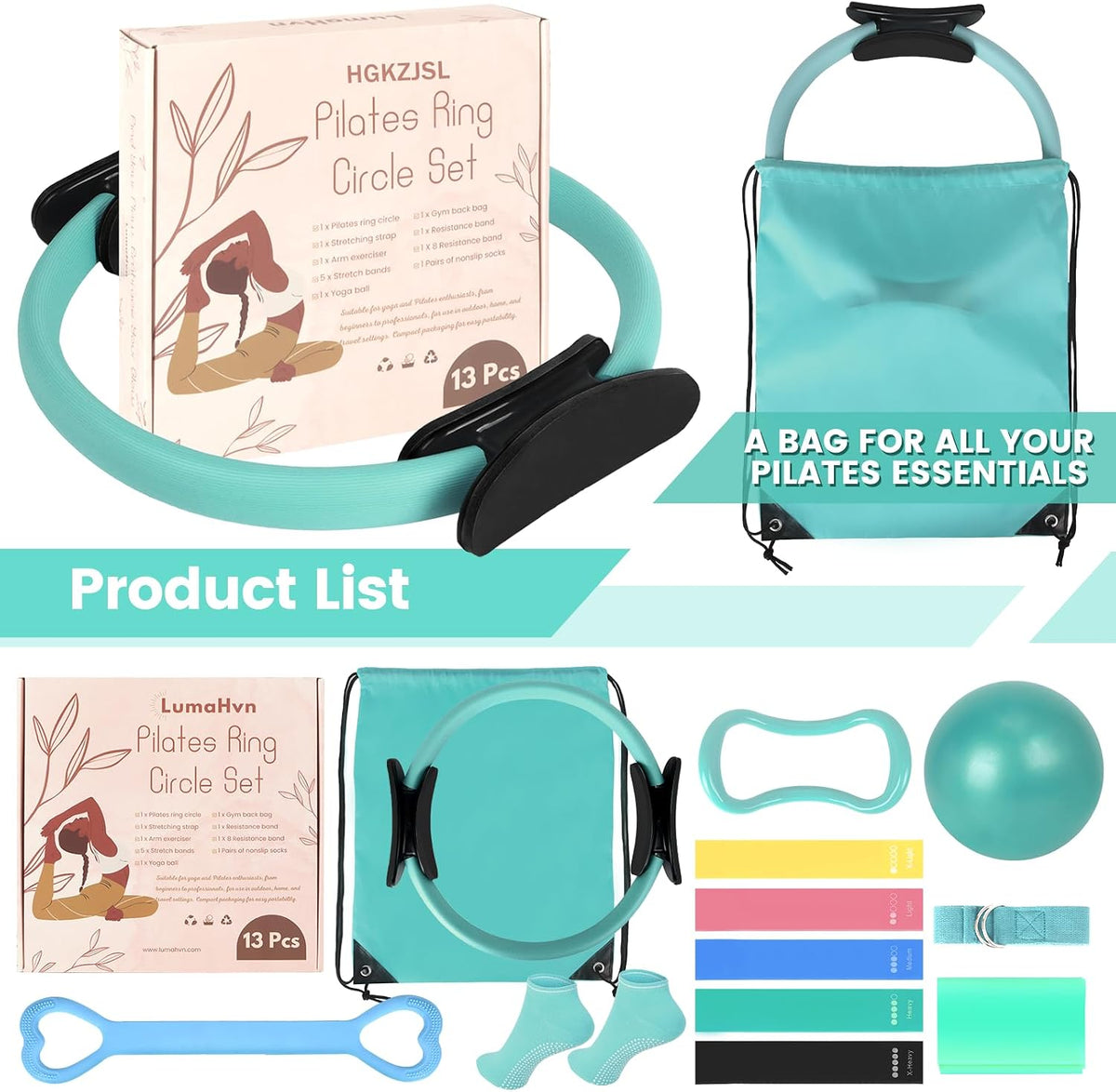 Pilates Kit for Women 13PCS, Pilates Ring Ball Resistance Bands Workout Set
