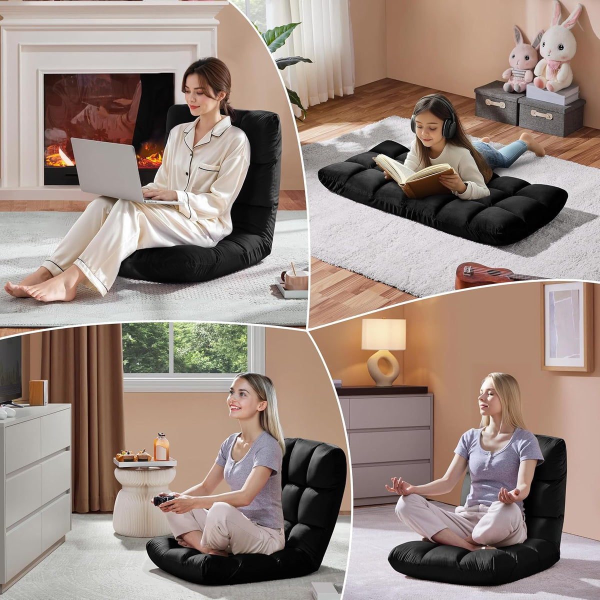 14-Position Folding Floor Chair with Back Support Black