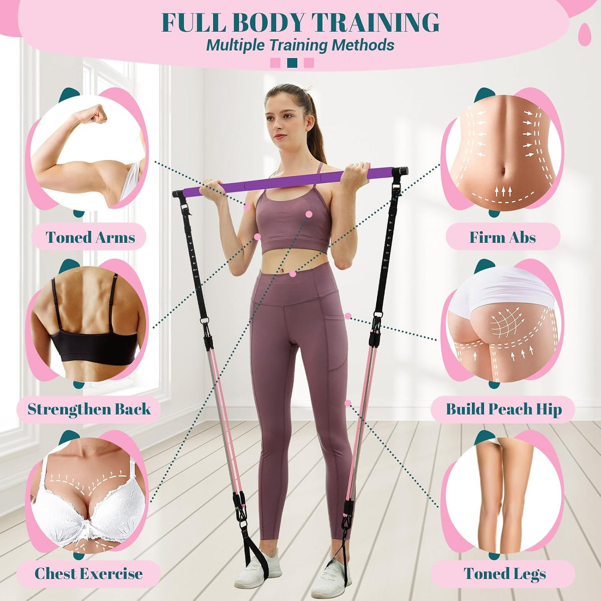 Pilates Bar Kit with Resistance Bands, Multifunctional Yoga Pilates Kit