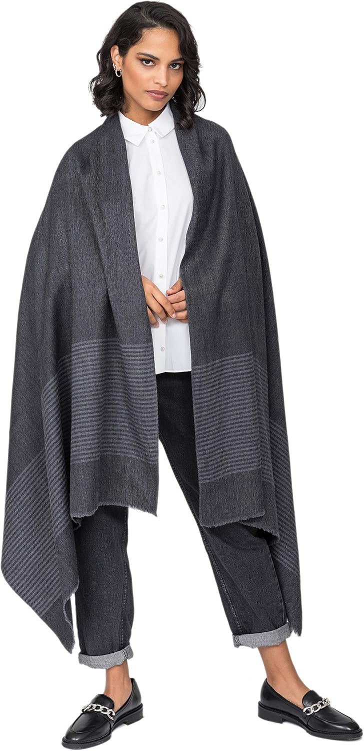 Pashmina Shawls and Wraps for Women - Merino Wool Travel Blanket Scarf - Oversized Striped Shawl
