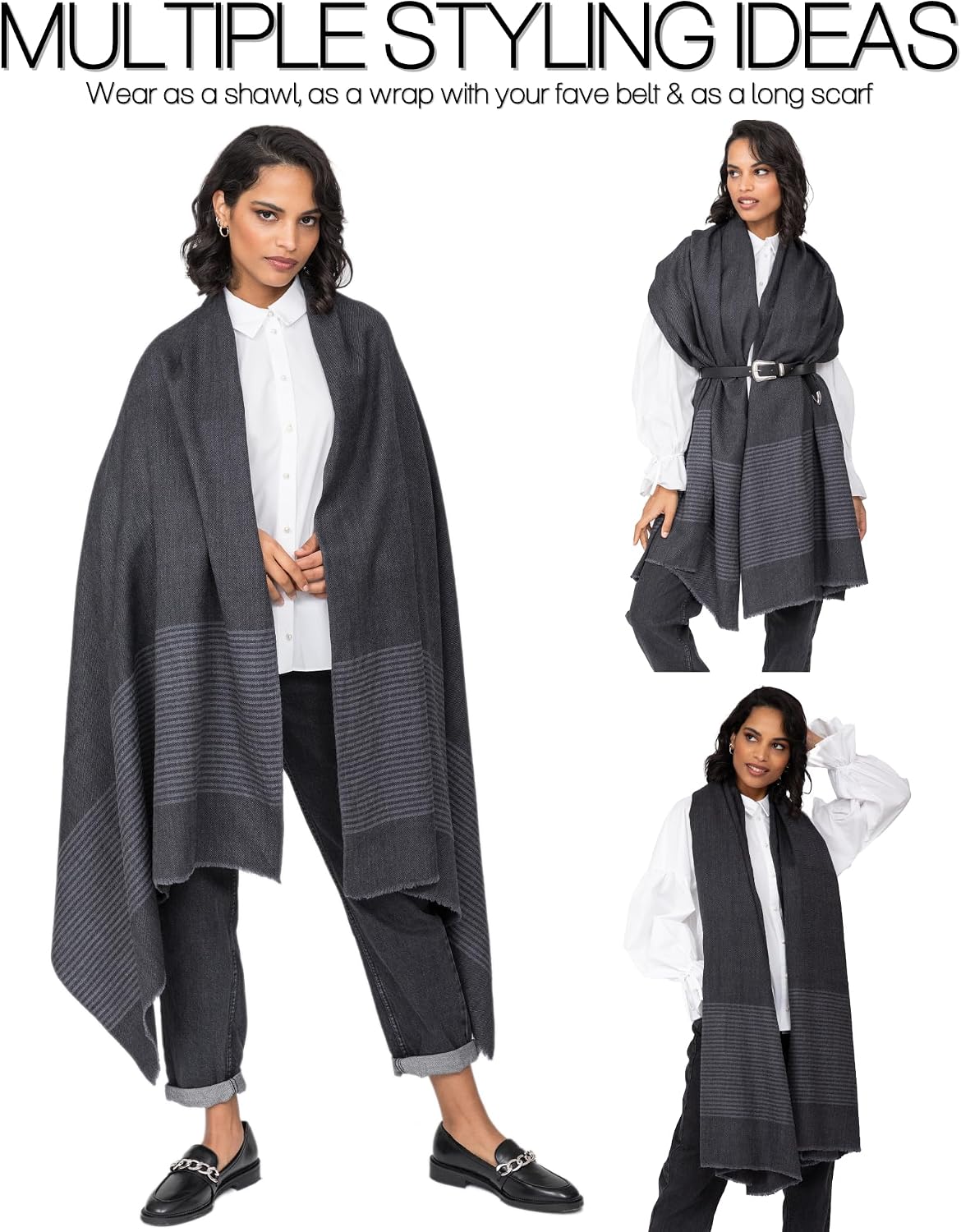 Pashmina Shawls and Wraps for Women - Merino Wool Travel Blanket Scarf - Oversized Striped Shawl