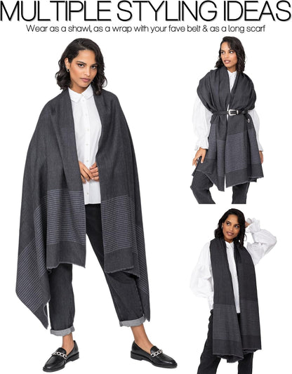 Pashmina Shawls and Wraps for Women - Merino Wool Travel Blanket Scarf - Oversized Striped Shawl