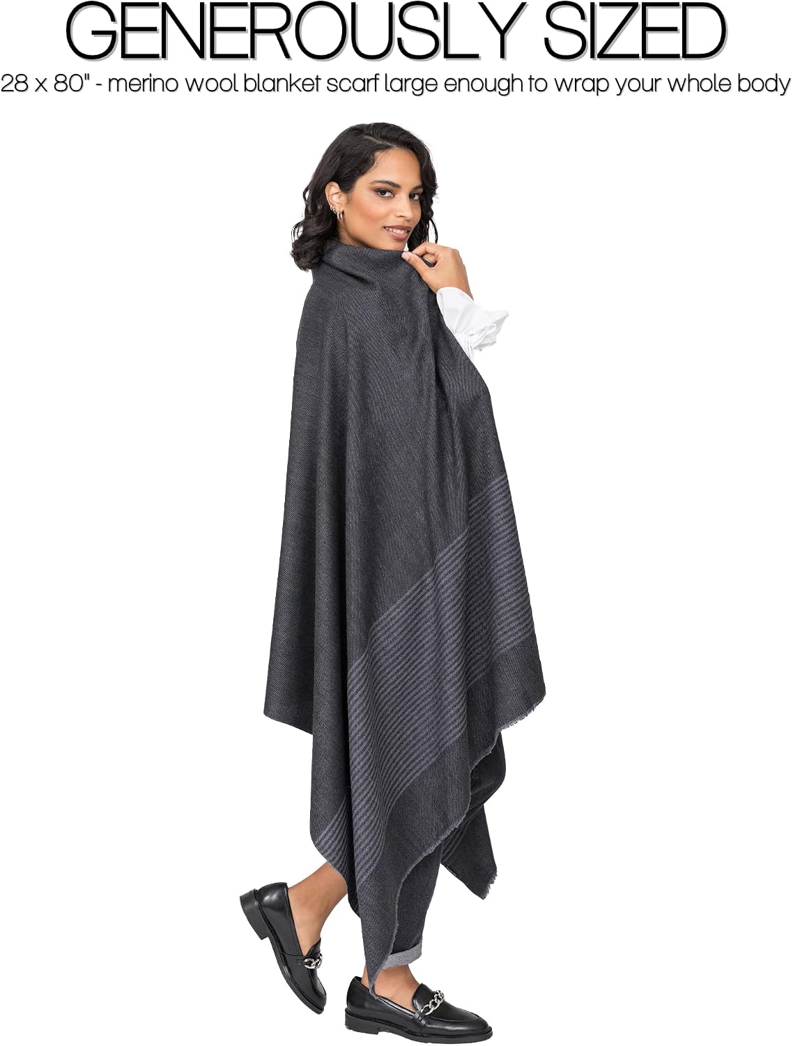 Pashmina Shawls and Wraps for Women - Merino Wool Travel Blanket Scarf - Oversized Striped Shawl
