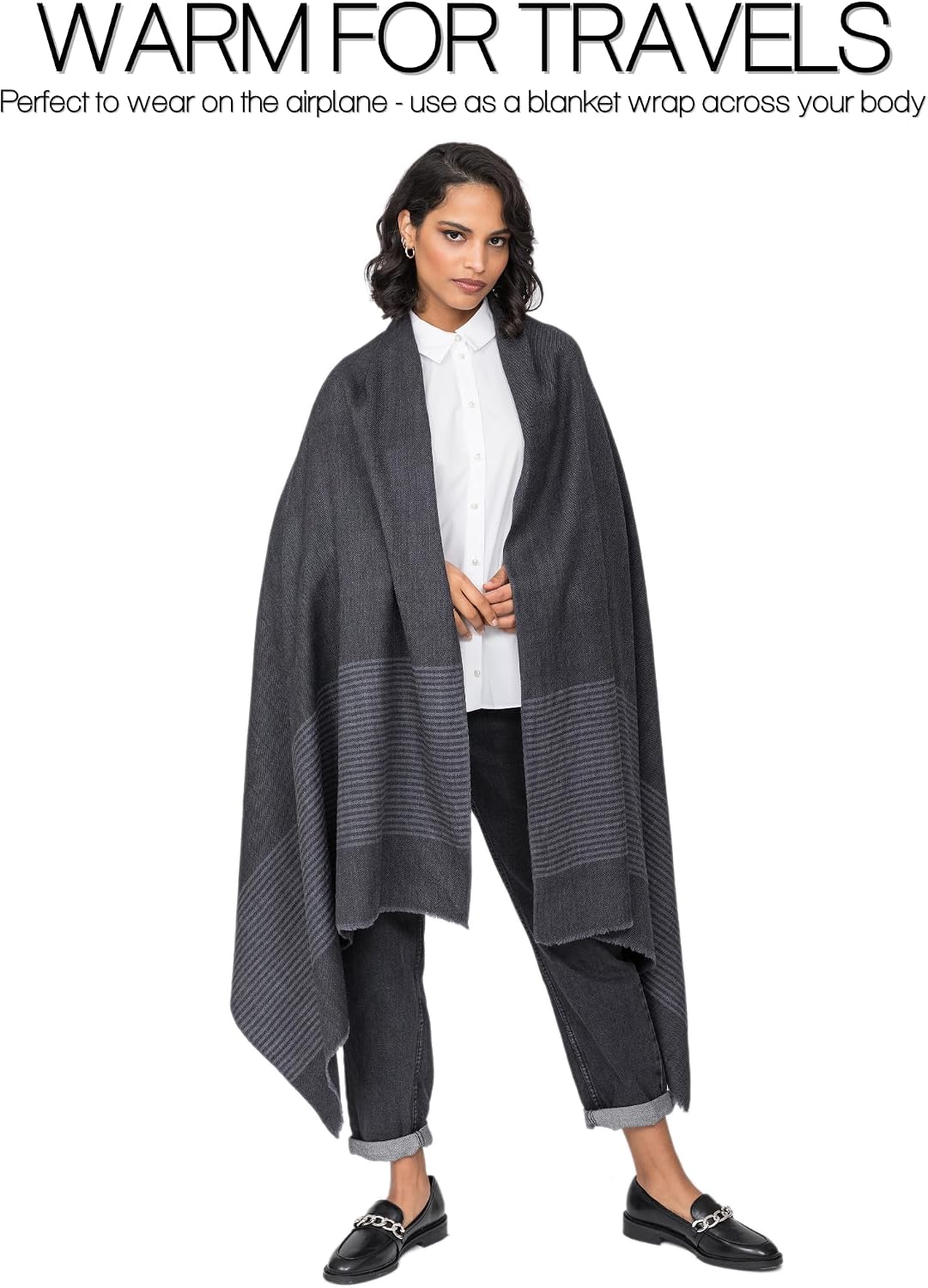 Pashmina Shawls and Wraps for Women - Merino Wool Travel Blanket Scarf - Oversized Striped Shawl