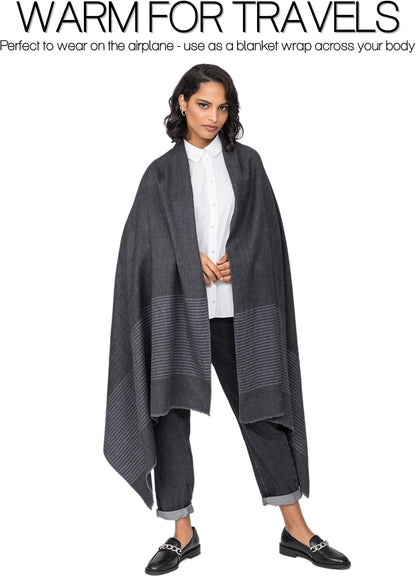 Pashmina Shawls and Wraps for Women - Merino Wool Travel Blanket Scarf - Oversized Striped Shawl