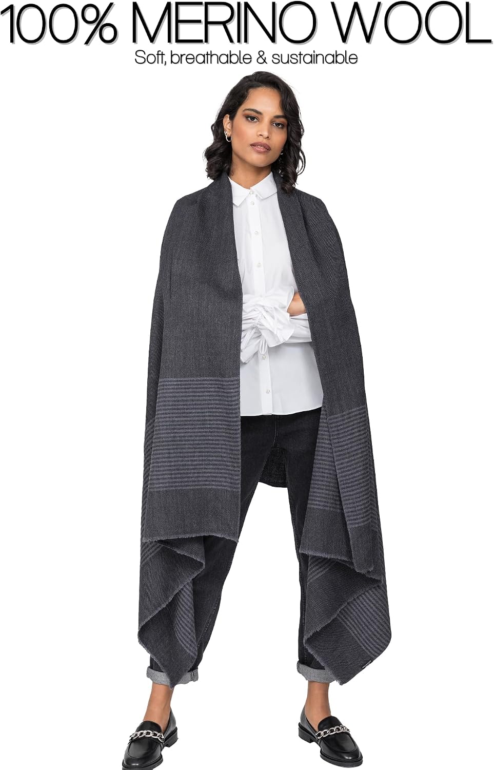 Pashmina Shawls and Wraps for Women - Merino Wool Travel Blanket Scarf - Oversized Striped Shawl