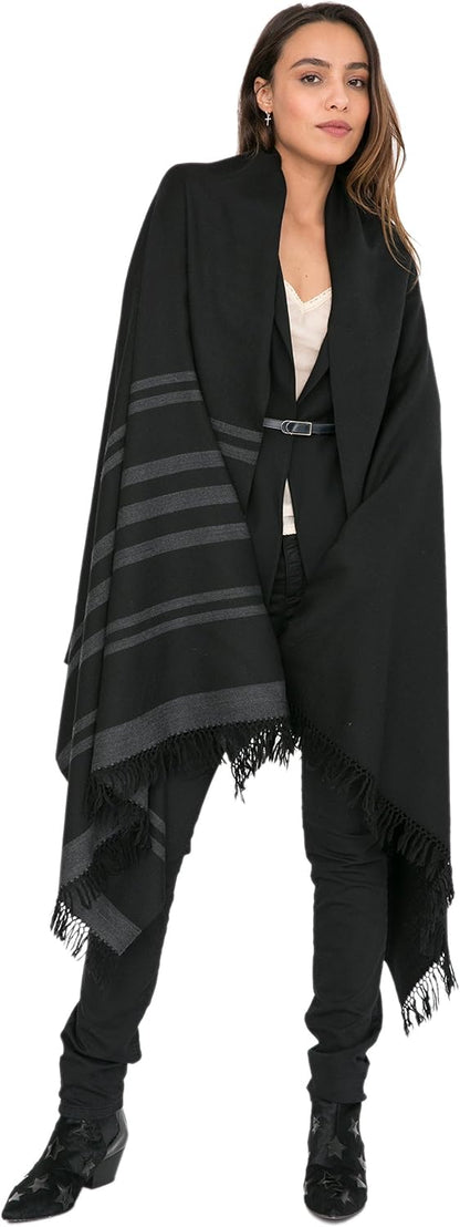Pashmina Shawls and Wraps for Women - Merino Wool Travel Blanket Scarf - Oversized Striped Shawl