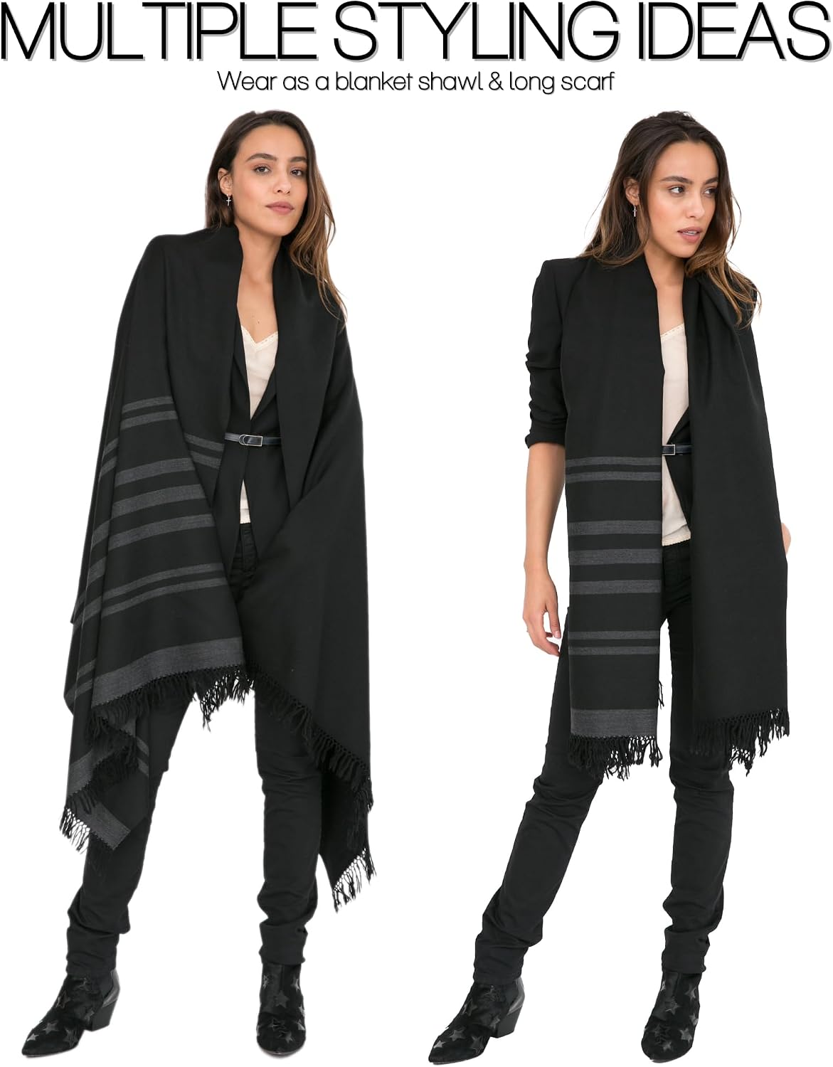 Pashmina Shawls and Wraps for Women - Merino Wool Travel Blanket Scarf - Oversized Striped Shawl