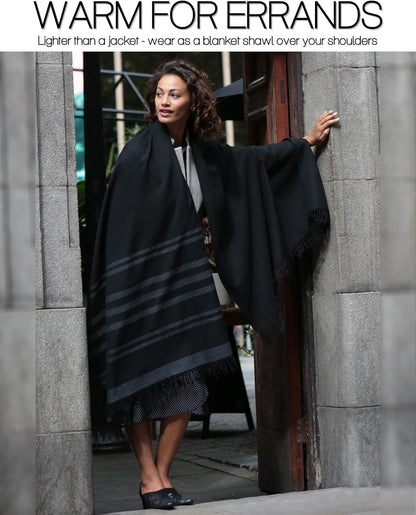 Pashmina Shawls and Wraps for Women - Merino Wool Travel Blanket Scarf - Oversized Striped Shawl