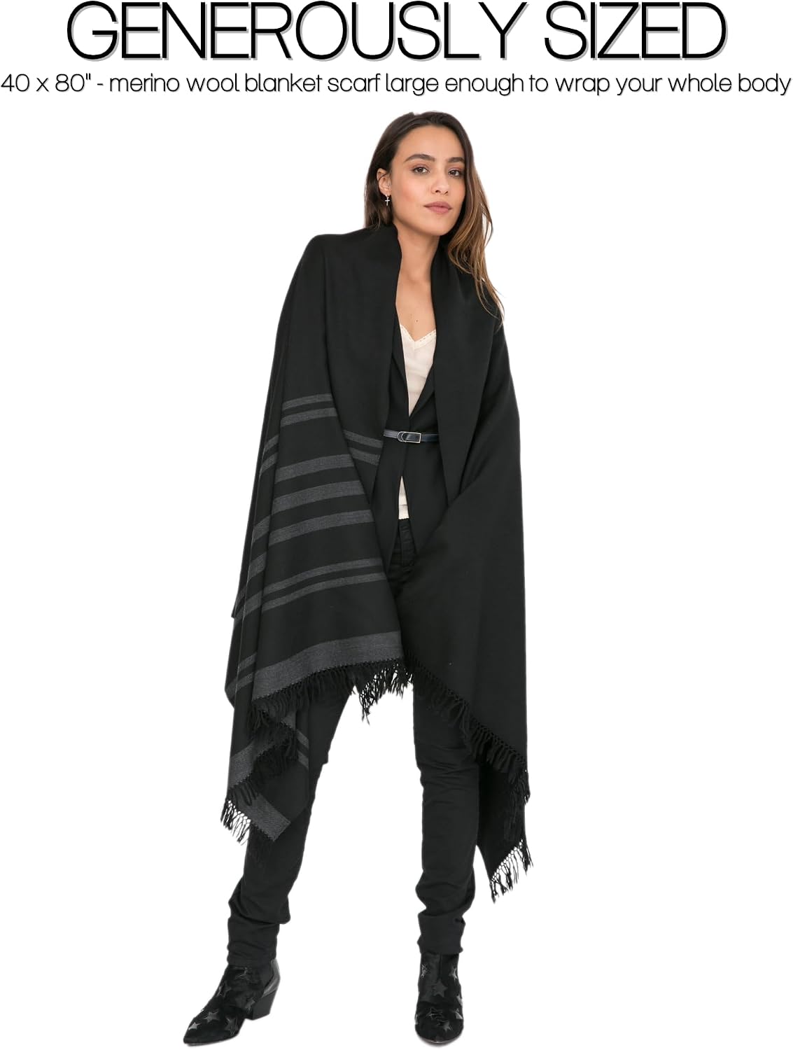 Pashmina Shawls and Wraps for Women - Merino Wool Travel Blanket Scarf - Oversized Striped Shawl