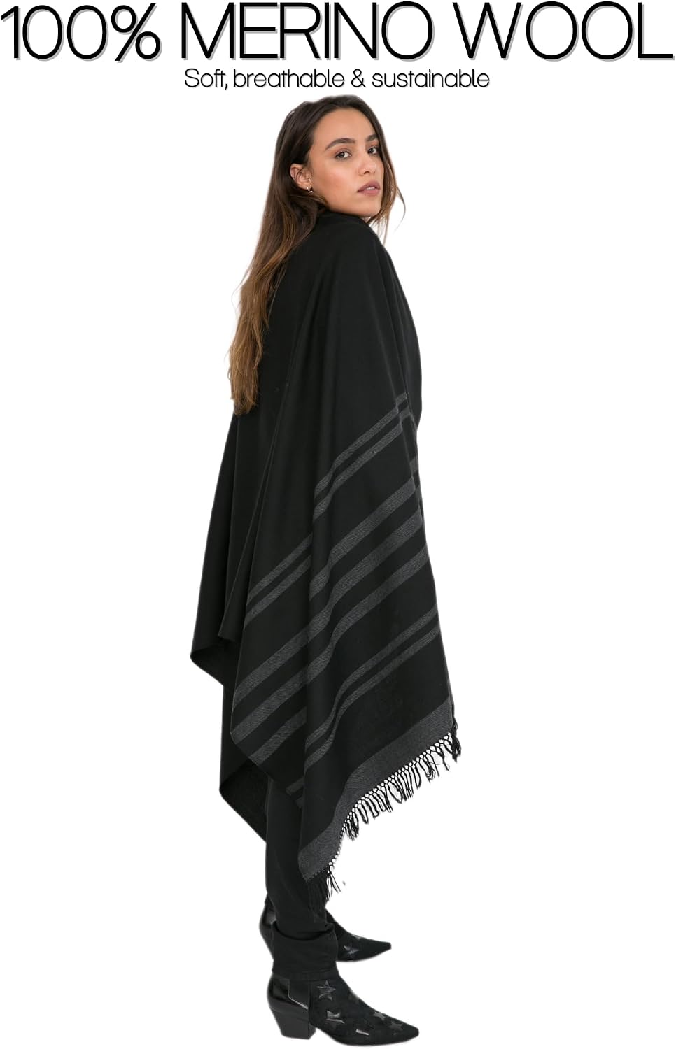 Pashmina Shawls and Wraps for Women - Merino Wool Travel Blanket Scarf - Oversized Striped Shawl