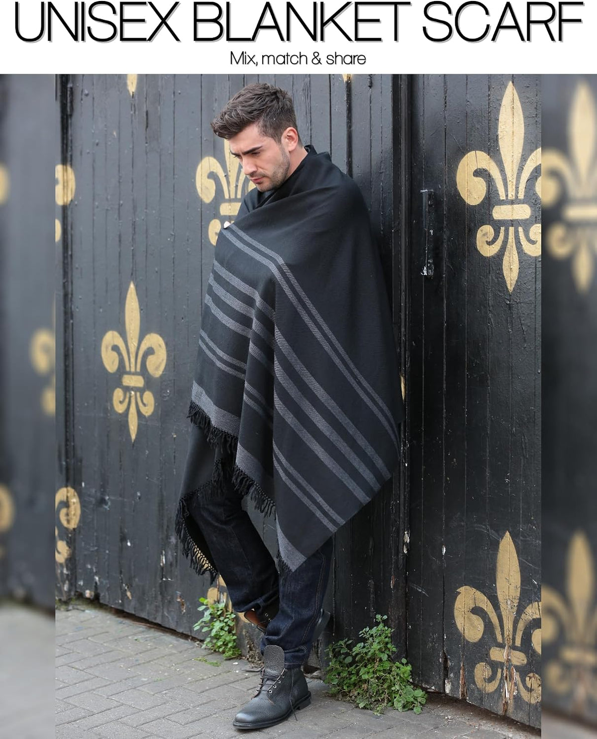 Pashmina Shawls and Wraps for Women - Merino Wool Travel Blanket Scarf - Oversized Striped Shawl