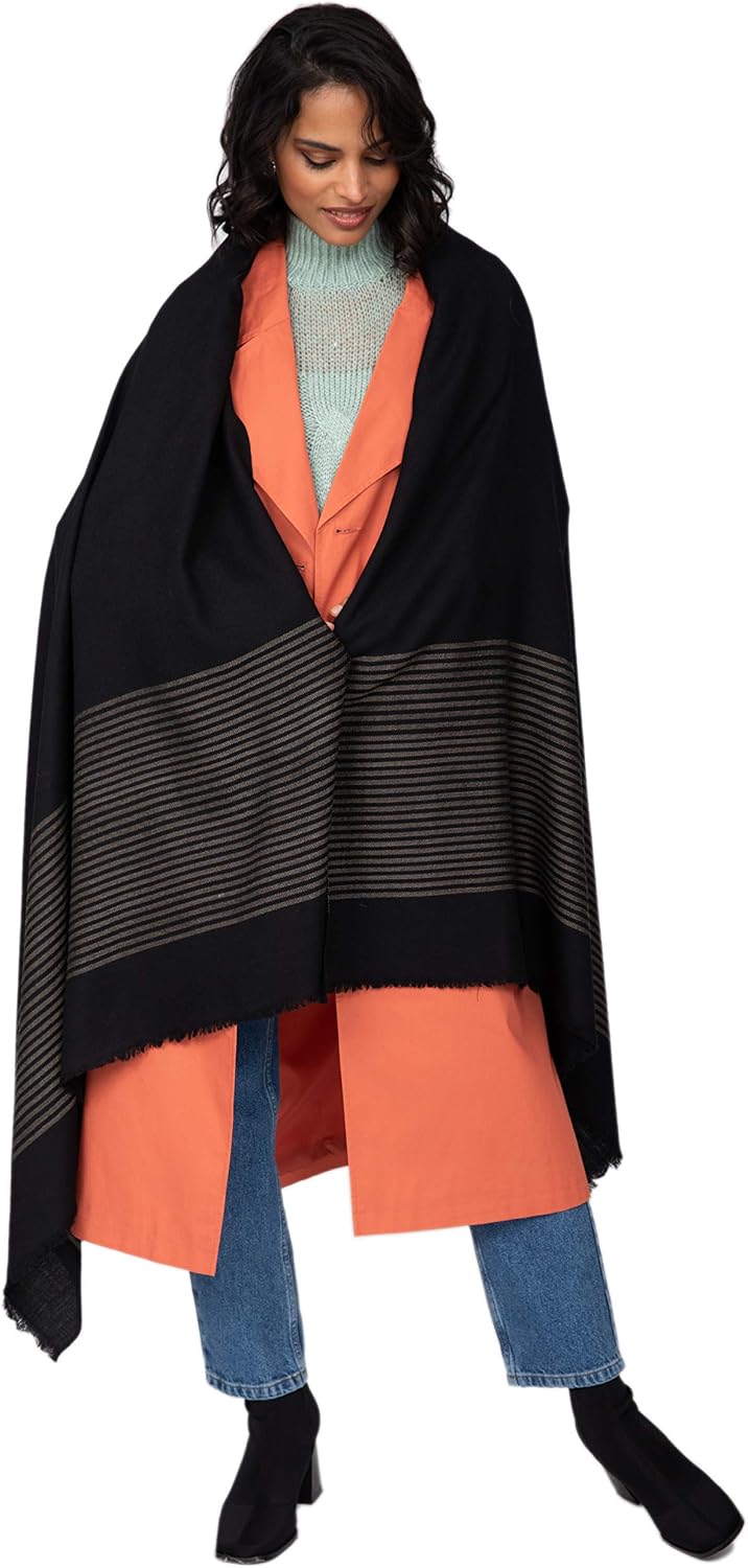 Pashmina Shawls and Wraps for Women - Merino Wool Travel Blanket Scarf - Oversized Striped Shawl