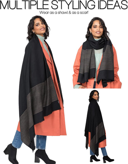 Pashmina Shawls and Wraps for Women - Merino Wool Travel Blanket Scarf - Oversized Striped Shawl