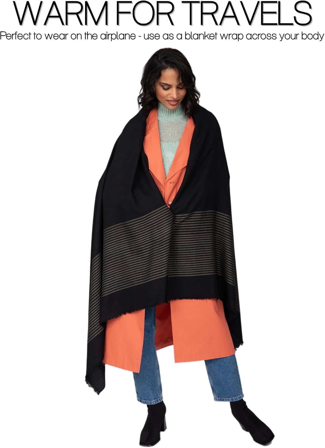 Pashmina Shawls and Wraps for Women - Merino Wool Travel Blanket Scarf - Oversized Striped Shawl