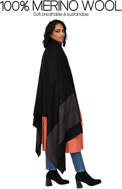 Pashmina Shawls and Wraps for Women - Merino Wool Travel Blanket Scarf - Oversized Striped Shawl