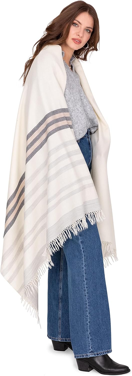 Pashmina Shawls and Wraps for Women - Merino Wool Travel Blanket Scarf - Oversized Striped Shawl