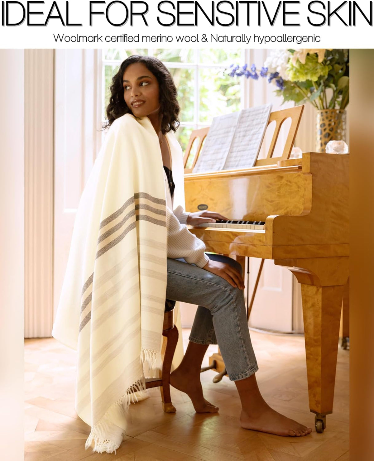 Pashmina Shawls and Wraps for Women - Merino Wool Travel Blanket Scarf - Oversized Striped Shawl
