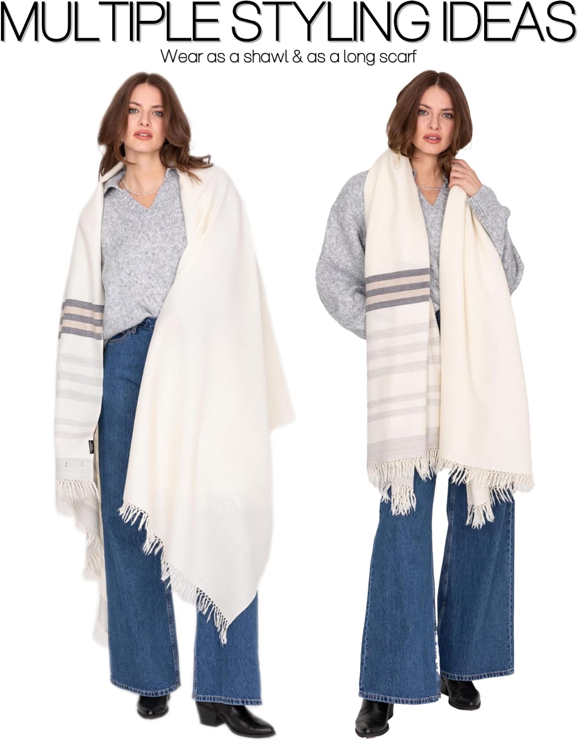 Pashmina Shawls and Wraps for Women - Merino Wool Travel Blanket Scarf - Oversized Striped Shawl