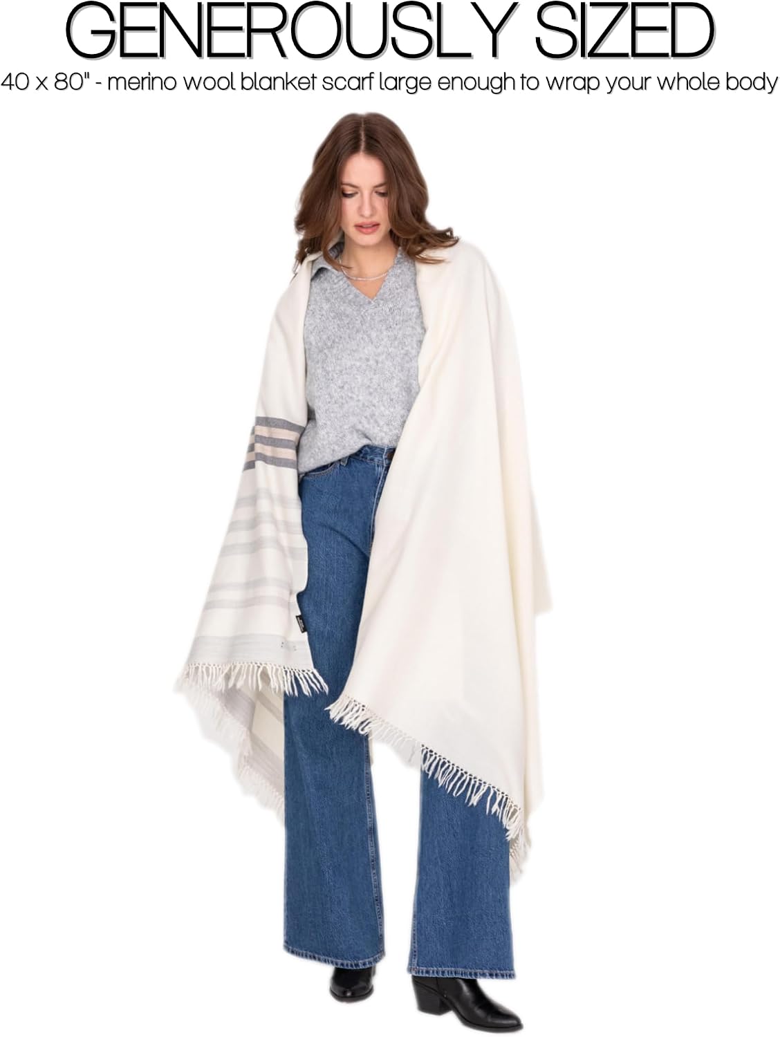 Pashmina Shawls and Wraps for Women - Merino Wool Travel Blanket Scarf - Oversized Striped Shawl