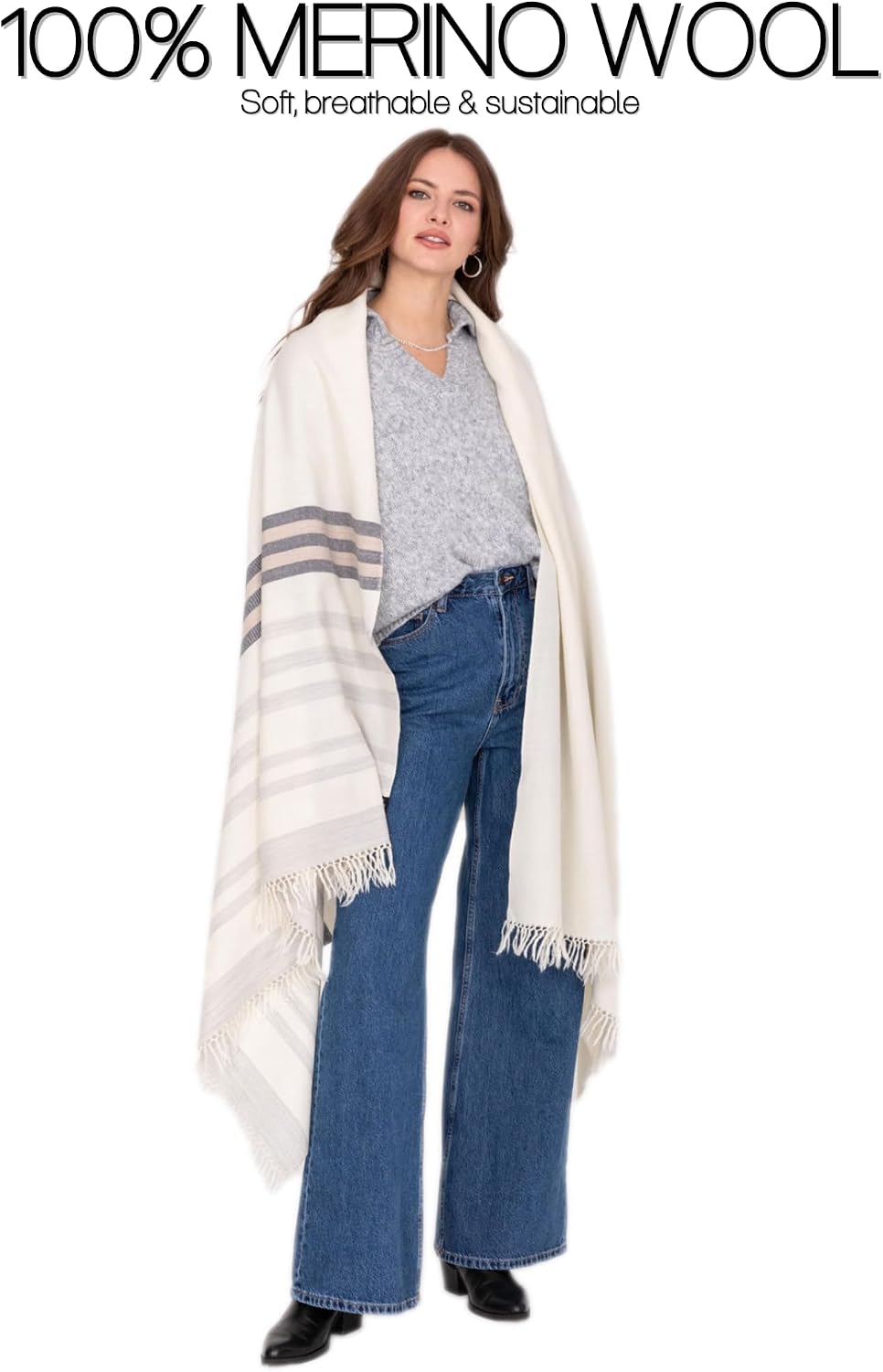 Pashmina Shawls and Wraps for Women - Merino Wool Travel Blanket Scarf - Oversized Striped Shawl