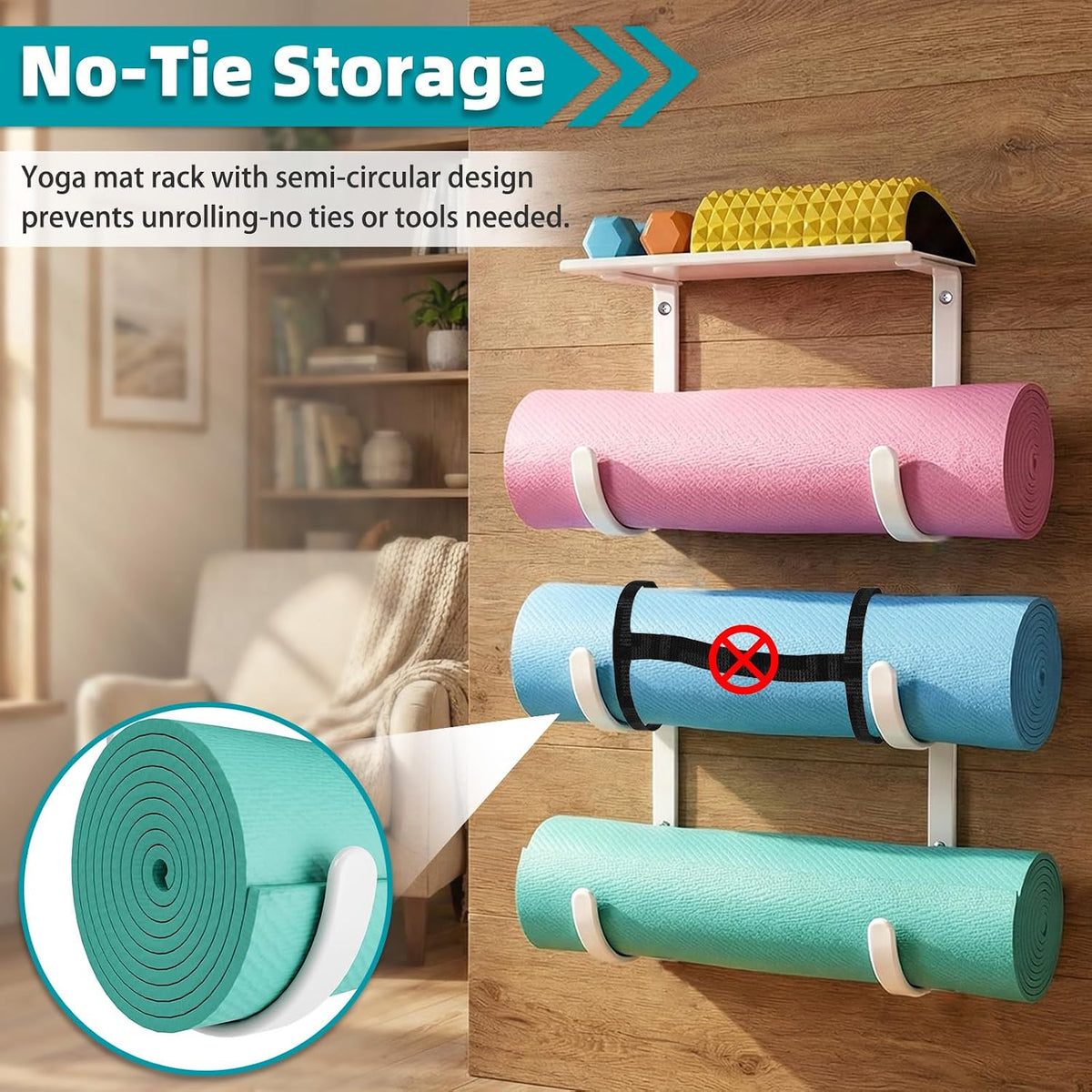 Yoga Mat Holder Wall Mount, No Tying, No Straps