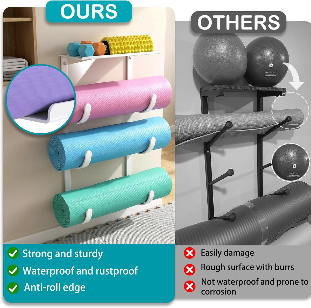 Yoga Mat Holder Wall Mount, No Tying, No Straps