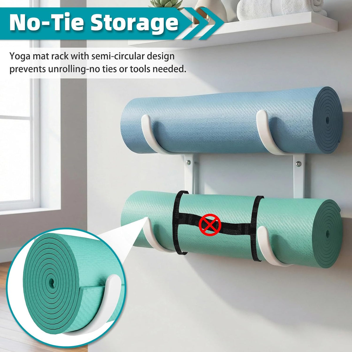 Yoga Mat Holder Wall Mount, No Tying, No Straps