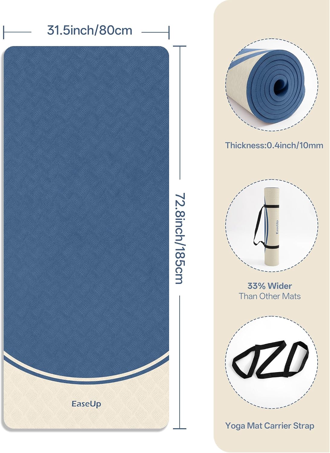 10mm Thick Yoga Mat, 73"×31.5" Extra Wide, Non-Slip with Strap