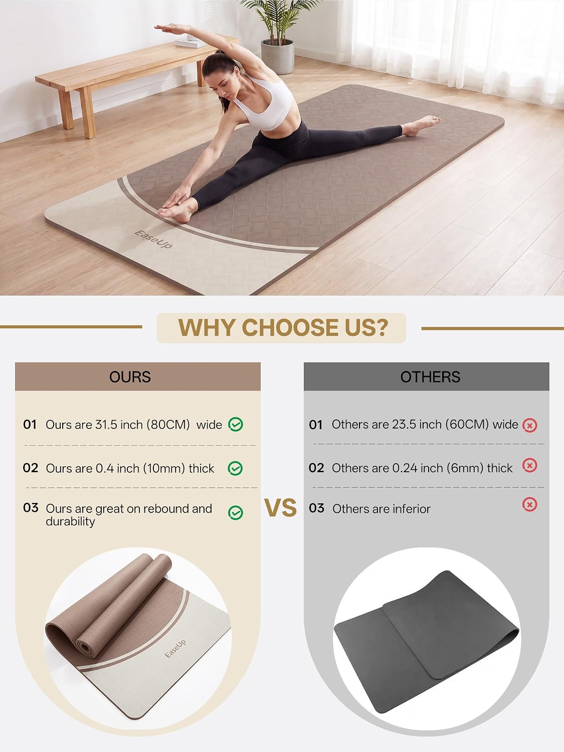 10mm Thick Yoga Mat, 73"×31.5" Extra Wide, Non-Slip with Strap