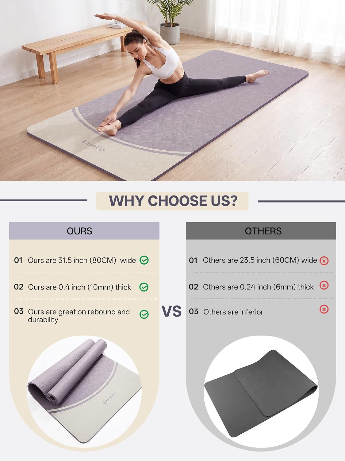 10mm Thick Yoga Mat, 73"×31.5" Extra Wide, Non-Slip with Strap