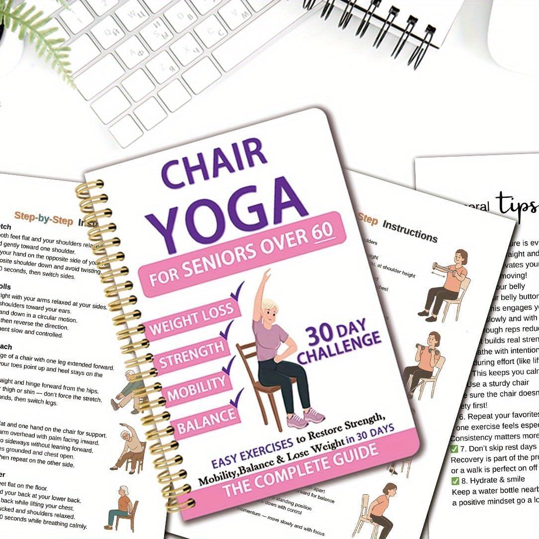 Chair Yoga for Seniors Over 60 Book & Chart, Chair Yoga for Weight Loss & Toning, 30-Day Challenge, Exercise Book for Seniors over 60 (Black)