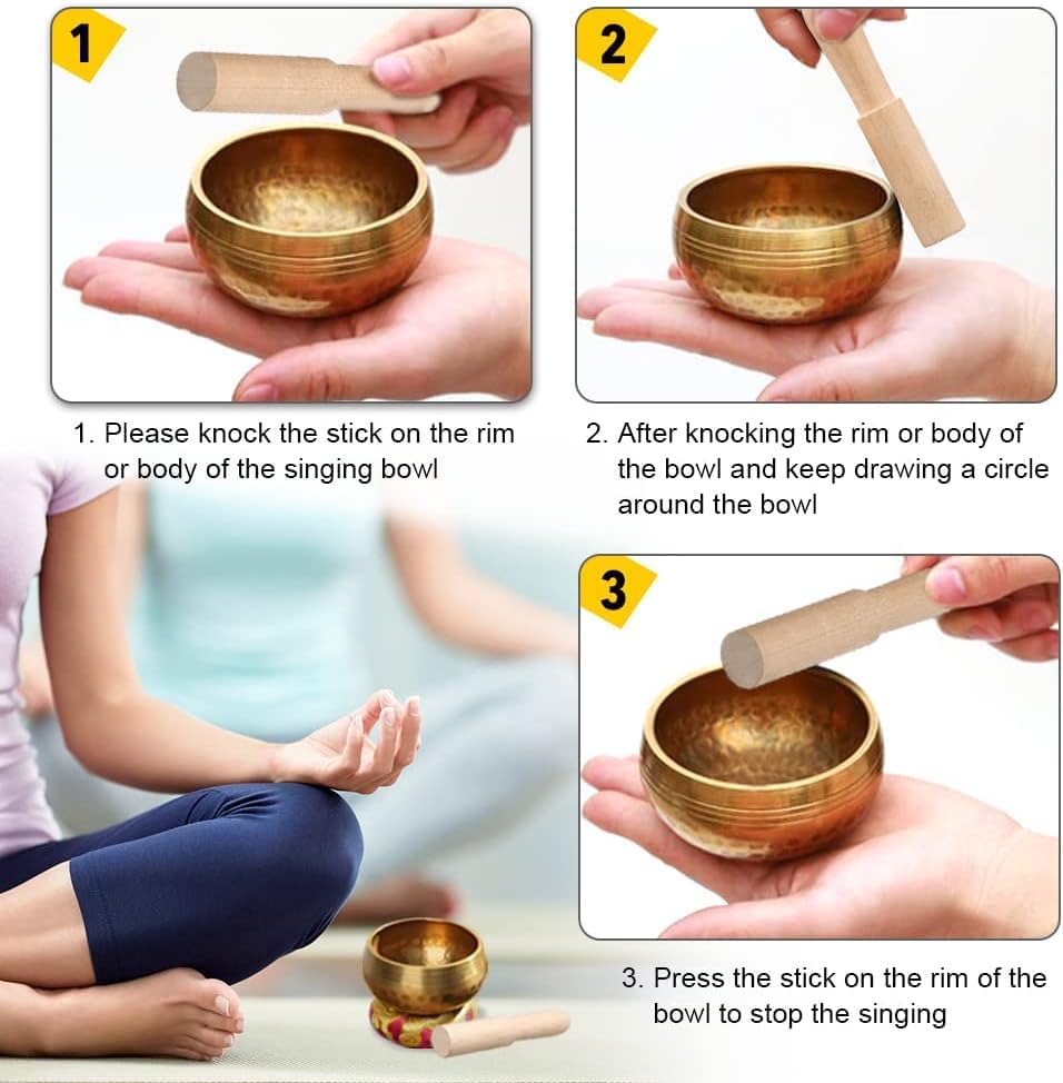 Tibetan Singing Bowl Set - Meditation Sound Bowl Cushion with Wooden Striker for Yoga, Meditation & Relaxation, Mindfulness,Chakra Healing, Stress Relief, Self-Regulation