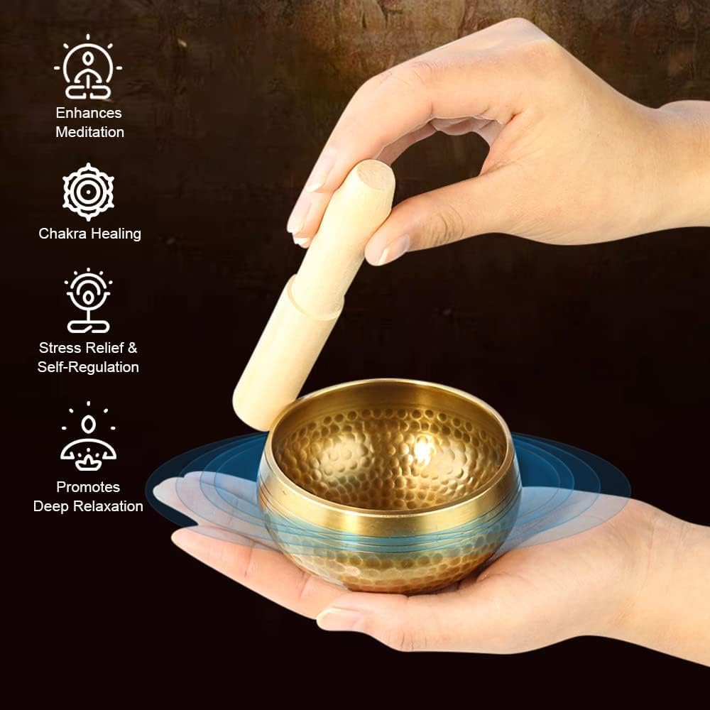 Tibetan Singing Bowl Set - Meditation Sound Bowl Cushion with Wooden Striker for Yoga, Meditation & Relaxation, Mindfulness,Chakra Healing, Stress Relief, Self-Regulation