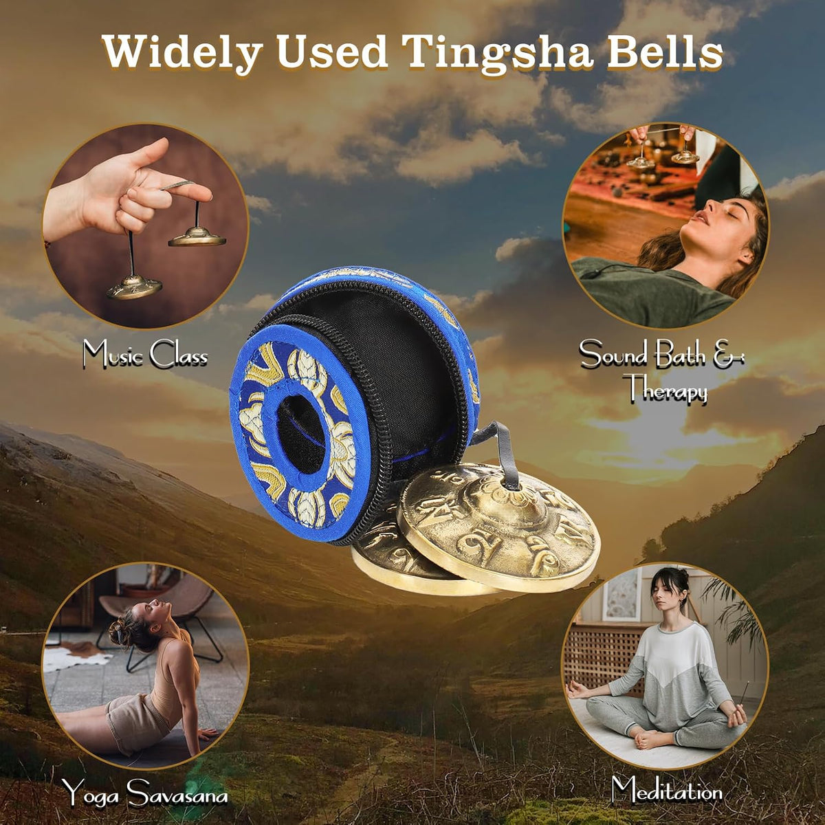 Tibetan Mantra Tingsha Cymbals - Om Mane Padme Hum - 6.3 cm Meditation Bells with Storage Case for Spiritual Healing & Mindfulness for Percussion Instrument - Spiritual Gift for Women
