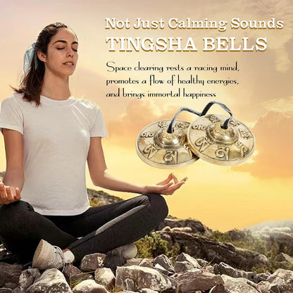 Tibetan Mantra Tingsha Cymbals - Om Mane Padme Hum - 6.3 cm Meditation Bells with Storage Case for Spiritual Healing & Mindfulness for Percussion Instrument - Spiritual Gift for Women