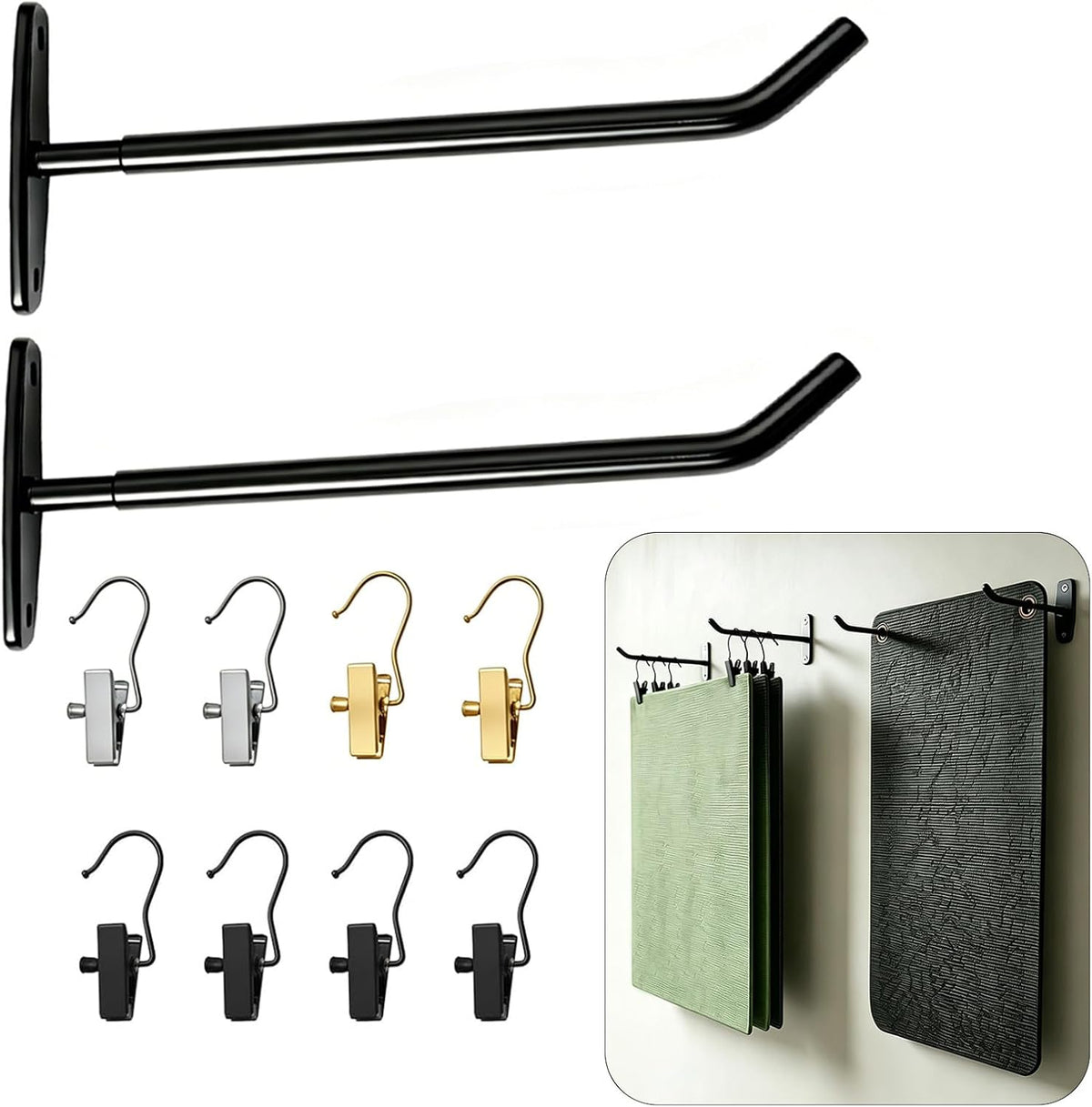Yoga Mat Wall Mount Hanger,Metal Yoga Mats Storage Rack, Home Gym Storage with 8 Clips, No-Roll Flat Storage for Folded/Rolled Mats, Foam Rollers, Black Wall Organizer for Gym, Yoga Studio, Bedroom
