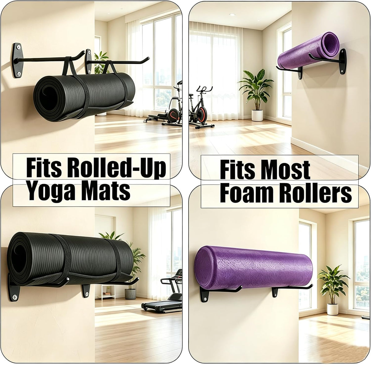 Yoga Mat Wall Mount Hanger,Metal Yoga Mats Storage Rack, Home Gym Storage with 8 Clips, No-Roll Flat Storage for Folded/Rolled Mats, Foam Rollers, Black Wall Organizer for Gym, Yoga Studio, Bedroom