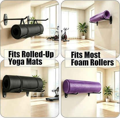 Yoga Mat Wall Mount Hanger,Metal Yoga Mats Storage Rack, Home Gym Storage with 8 Clips, No-Roll Flat Storage for Folded/Rolled Mats, Foam Rollers, Black Wall Organizer for Gym, Yoga Studio, Bedroom