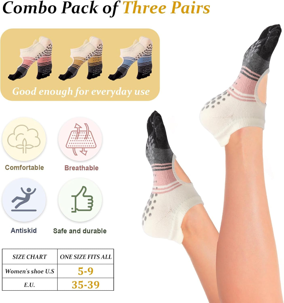 Pilates Socks with Grips for Women,Yoga Socks, Non-Slip Yoga Sock with Toe Separators, Pilates Non Slip Sock